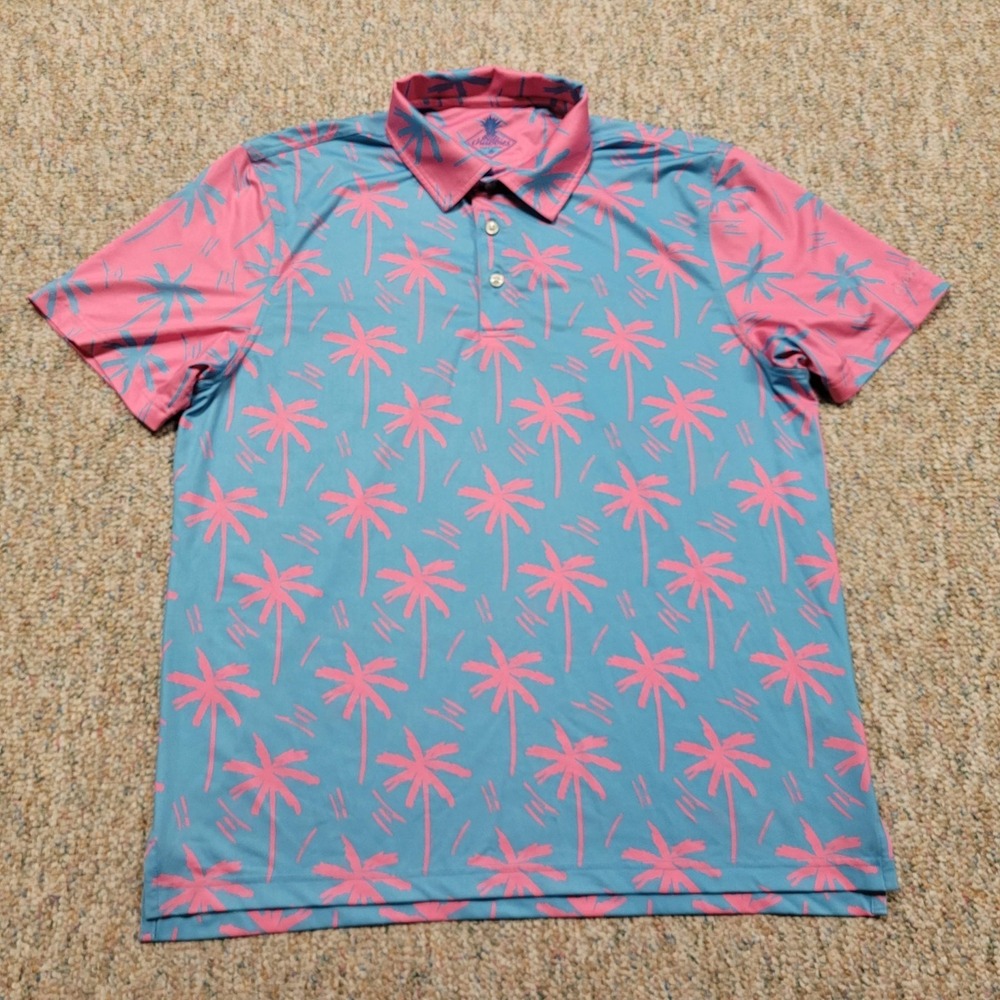 Chubbies Polo Shirt Mens Medium Blue Pink Palm Trees Floral Golf Performance
